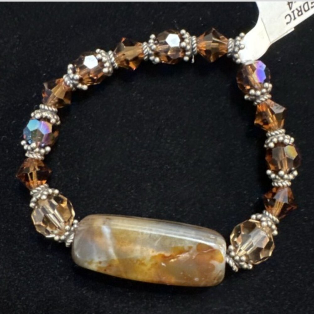 M. Fredric Agate Stone Stretch Bracelet Faceted Aurora Crystal Beads Boho NWT
